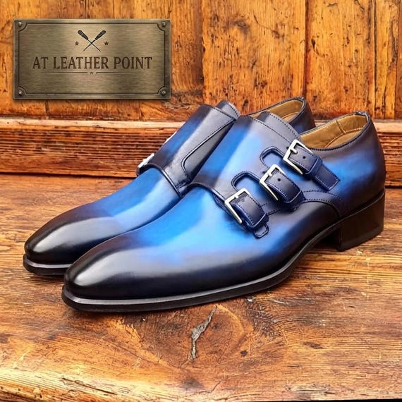Men Handmade Blue Double Monk Strap Leather Dress Shoes Formal Oxford Shoes