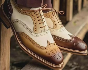 Męskie ręcznie robione skórzane buty dwukolorowe z brogsami typu oksford – eleganckie buty