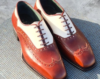 Men's Handmade Leather Two Tone Brown & Cream Wingtip Oxford Shoes Square Toe