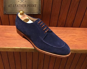 Męskie, ręcznie robione, skórzane, granatowe, zamszowe, derby, buty z rozcięciem na palcach, sznurowane, eleganckie obuwie