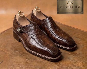 Men's Handmade Brown Leather Crocodile Pattern Monk Strap Formal Dress Shoes