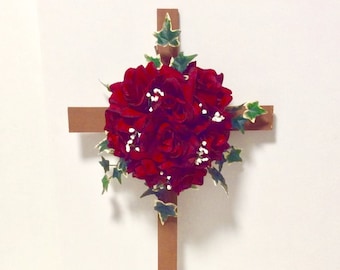 Cemetery Cross, Cemetery Flowers,  Red Floral Cross, Memorial Cross, Grave Marker, Roadside Memorial, Flowers For Grave