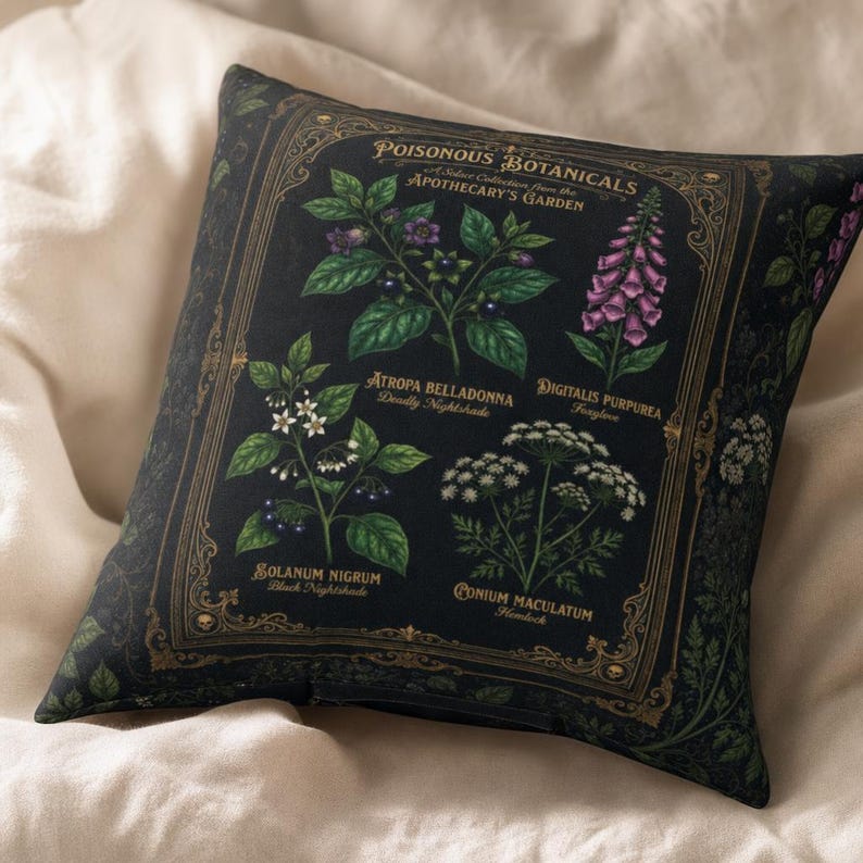 Venomous Botanica Spun Polyester Throw Pillow, Dark Victorian Apothecary Poison Garden Decor, Gothic Botanical Cushion image 6