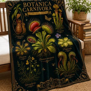 May include: A dark green throw blanket featuring a botanical illustration titled BOTANICA CARNIVORA A Cabinet of Carnivorous Plants. It displays Nepenthes, Sarracenia, Pinguicula, Drosera, Dionaea muscipula, Utricularia, and Darlingtonia with text.
