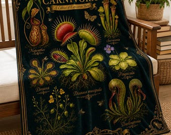 Botanica Carnivora Blanket, Venus Flytrap Carnivorous Plant Specimen Plate, Pitcher Plant Sundew Plush Throw, Goth Plant Lover Gift