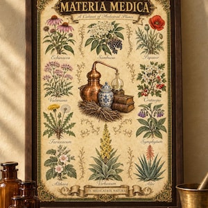 Può includere: Una stampa botanica incorniciata intitolata Materia Medica A Cabinet of Medicinal Plants, con illustrazioni di Echinacea, Sambucus, Papaver, Valeriana, Crataegus, Taraxacum, Symphytum, Althaea, Verbascum e Aloe con un alambicco in rame centrale.