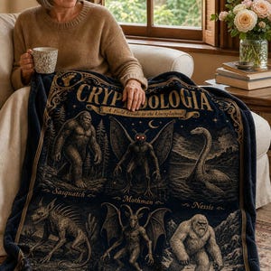 Cryptidologia Blanket, Cryptid Field Guide Plush Throw, Bigfoot Mothman Nessie Specimen Plate, Dark Academia Cryptozoology Oddities Gift