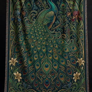Könnte beinhalten: Eine gewebte Wohndecke mit einem zentralen Pfau und einem großen, detaillierten Federkleid. Das Design zeigt komplexe florale Motive, Lilien und Schwertlilien in Blaugrün, Grün, Gold und Dunkelrot. Eine einzelne Pfauenfeder liegt auf einem Stapel Bücher.