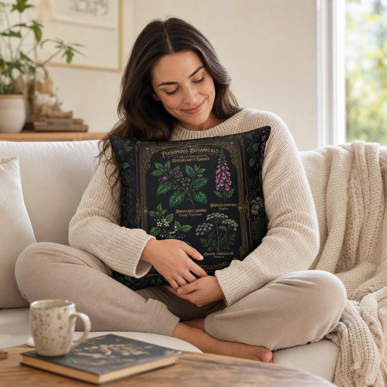 Venomous Botanica Spun Polyester Throw Pillow, Dark Victorian Apothecary Poison Garden Decor, Gothic Botanical Cushion image 2