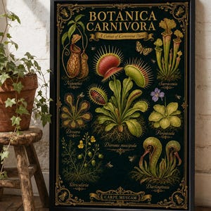 以下が含まれることがあります： BOTANICA CARNIVORA A Cabinet of Carnivorous Plantsというタイトルの額入り長方形ウォールアートプリント。ダークグリーンの背景には、ネペンテス、サラセニア、ドロセラ、ディオネア・ムスキプラ、ピンギキュラ、ウトゥリクラリア、ダーリントニアの植物の詳細なイラストが描かれており、金色の装飾的な縁取りとCARPE MUSCAMという文字が添えられています。