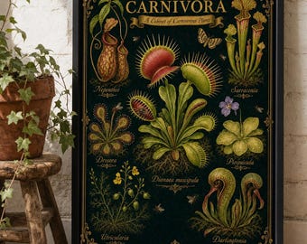 Botanica Carnivora Poster, Venus Flytrap Carnivorous Plant Print, Pitcher Plant Sundew Dark Botanical Wall Art, Goth Plant Lover Gift