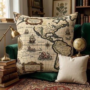 Può includere: Un cuscino decorativo con un design a mappa vintage. Il cuscino presenta uno sfondo beige con una mappa dettagliata delle Americhe, navi e creature marine. Un piccolo cuscino bianco sporco è appoggiato accanto.