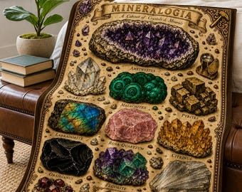 Mineralogia Crystal Blanket Vintage Mineral Specimen Amethyst Quartz Geode Plush Throw, Witchy Crystal Collector Geology Gift