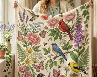 Songbird Garden Throw Blanket | Cardinal Robin Bluebird Goldfinch Hummingbird Bird Lover Gift | Cottagecore Wildflower Decor Mom Grandma