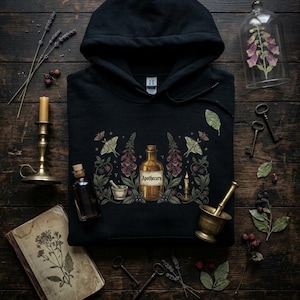 Dark Botanical Hoodie, Witchy Apothecary Poison Plant Sweatshirt, Goth Cottagecore Herbalist Pullover, Plant Witch Gift, Unisex Cotton