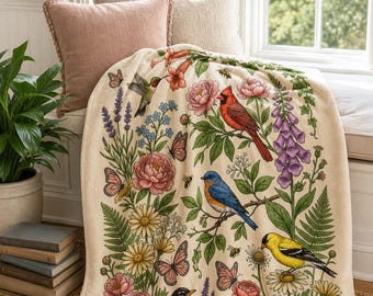 Songbird Garden Throw Blanket | Cardinal Robin Bluebird Goldfinch Hummingbird Bird Lover Gift | Cottagecore Wildflower Decor Mom Grandma
