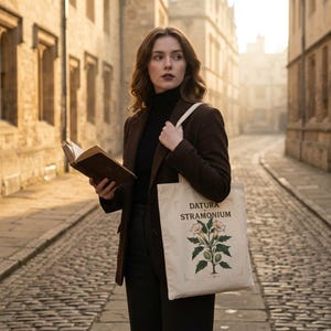 May include: A cream-coloured tote bag featuring the words "DATURA STRAMONIUM" and a botanical illustration of a plant with white flowers and green leaves. The bag is carried by a person wearing a brown blazer and black turtleneck.