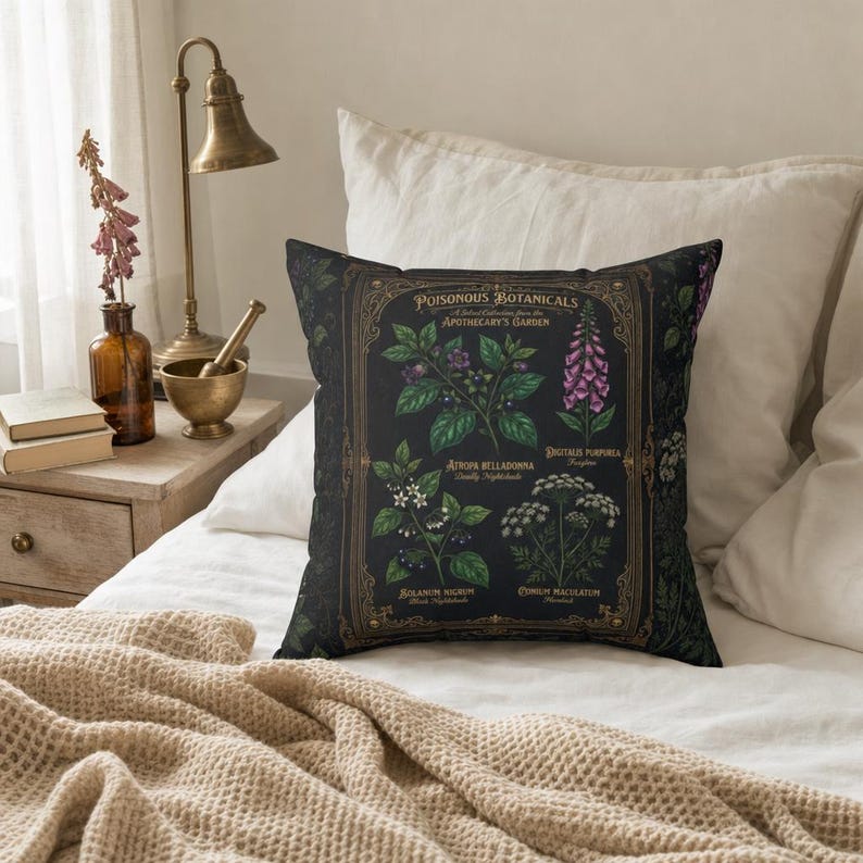 Venomous Botanica Spun Polyester Throw Pillow, Dark Victorian Apothecary Poison Garden Decor, Gothic Botanical Cushion image 3
