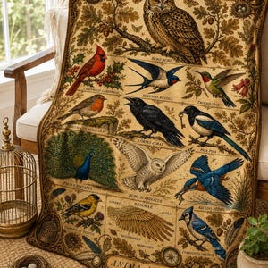 Puede incluir: Una manta tejida rectangular con el texto "AVIAN ATLAS A Cabinet of Feathered Curiosities" y "ANIMA AVIUM". El diseño muestra varias ilustraciones de aves, incluyendo un búho, cardenal, golondrina, colibrí, petirrojo, cuervo, urraca, pavo real, búho nival, martín pescador, jilguero y arrendajo azul, junto con diagramas detallados de plumas.