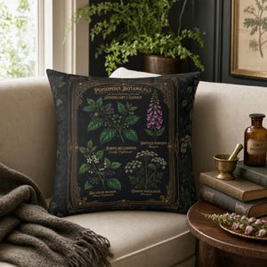 Venomous Botanica Spun Polyester Throw Pillow, Dark Victorian Apothecary Poison Garden Decor, Gothic Botanical Cushion image 1