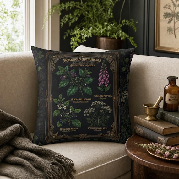 Venomous Botanica Spun Polyester Throw Pillow, Dark Victorian Apothecary Poison Garden Decor, Gothic Botanical Cushion