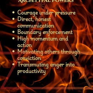 Op de afbeelding: Een digitale afbeelding met een vurige achtergrond en de tekst "ARCHETYPAL POWERS". De tekst somt kwaliteiten op zoals "Moed onder druk", "Directe, eerlijke communicatie" en "Anderen motiveren door overtuiging".