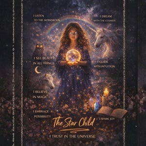 May include: A digital art print featuring a woman holding a glowing orb, surrounded by celestial imagery. The artwork includes a rainbow, unicorns, an owl, and the text "The Star Child." The overall theme is mystical and spiritual.