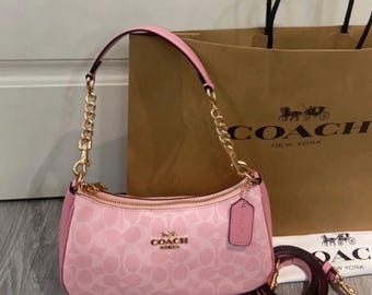 Coach Teri Schultertasche aus charakteristischem Canvas – Rosa & Gold