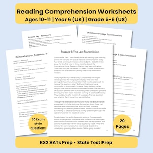 Puede incluir: Hojas de trabajo de comprensión lectora para edades 10-11, año 6 (Reino Unido) y grado 5-6 (EE. UU.). Las hojas de trabajo incluyen pasajes, preguntas de comprensión y una clave de respuestas. La imagen muestra 50 preguntas de estilo de examen y 20 páginas.