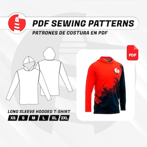 Puede incluir: Una camiseta con capucha de manga larga en rojo y azul marino con un logotipo de faro. La imagen también incluye un dibujo lineal de la camisa y el texto "PDF Sewing Patterns" y "Long Sleeve Hooded T-Shirt". Tallas disponibles de XS a 2XL.