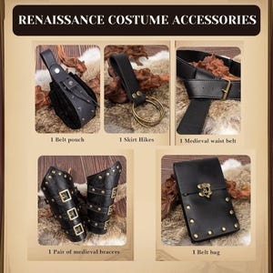 K&ouml;nnte beinhalten: Eine Auswahl an Renaissance-Kost&uuml;mzubeh&ouml;r, darunter eine G&uuml;rteltasche, Rockwanderungen, ein mittelalterlicher Tailleng&uuml;rtel, ein Paar mittelalterliche Armschienen und eine G&uuml;rteltasche. Die Accessoires sind aus schwarzem Leder mit Metallakzenten. Der Text "RENAISSANCE COSTUME ACCESSORIES" steht oben.