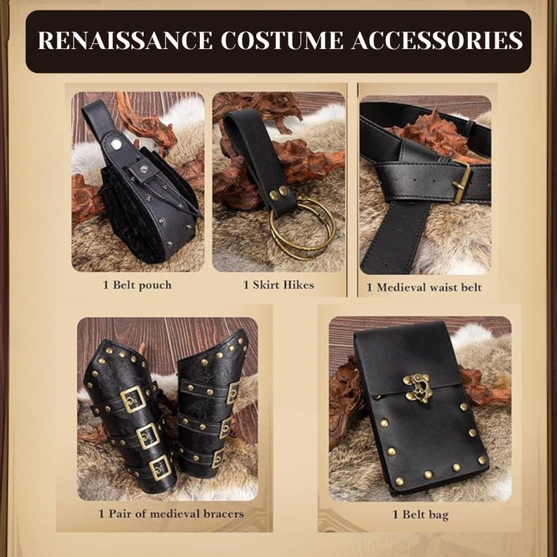 K&ouml;nnte beinhalten: Eine Auswahl an Renaissance-Kost&uuml;mzubeh&ouml;r, darunter eine G&uuml;rteltasche, Rockwanderungen, ein mittelalterlicher Tailleng&uuml;rtel, ein Paar mittelalterliche Armschienen und eine G&uuml;rteltasche. Die Accessoires sind aus schwarzem Leder mit Metallakzenten. Der Text "RENAISSANCE COSTUME ACCESSORIES" steht oben.