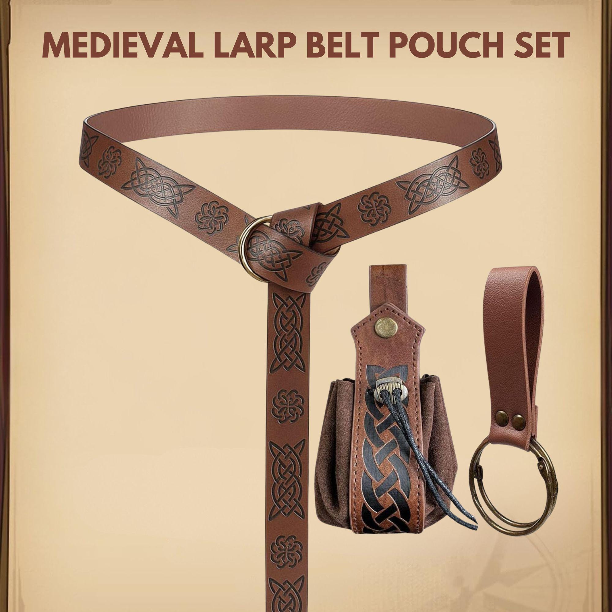 3-Piece Medieval Leather Belt Set with Pouch - Renaissance Costume Accessory