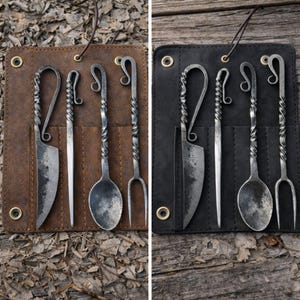 Hand Forged Viking Cutlery Set, Medieval Utensils with Leather Sheath