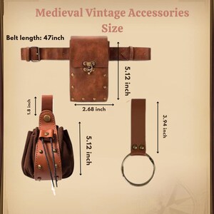 K&ouml;nnte beinhalten: Mittelalterliches Vintage-Accessoires-Set. Das Set beinhaltet einen braunen Lederg&uuml;rtel (119.38 cm lang), einen Beutel (13 cm hoch), eine g&uuml;rtelmontierte Tasche (13 cm hoch) und einen Ringhalter (10 cm lang).