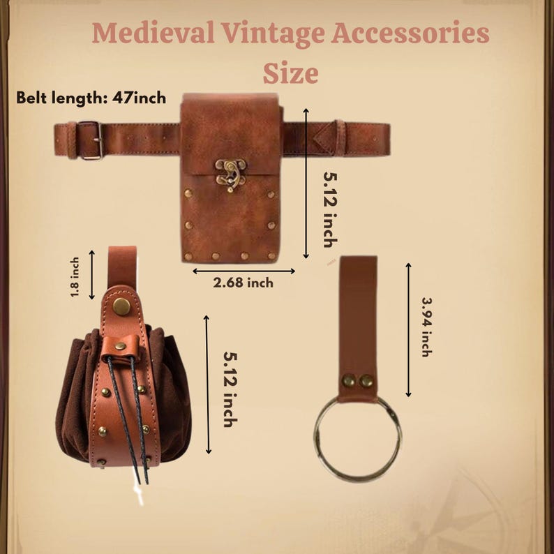K&ouml;nnte beinhalten: Mittelalterliches Vintage-Accessoires-Set. Das Set beinhaltet einen braunen Lederg&uuml;rtel (119.38 cm lang), einen Beutel (13 cm hoch), eine g&uuml;rtelmontierte Tasche (13 cm hoch) und einen Ringhalter (10 cm lang).