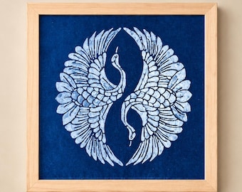 Indigo Batik Twin Cranes Linen Wall Art | Handmade Taiji Yin Yang Textile | Traditional Wax Resist Batik | Zen Home Décor | Meaningful Gift
