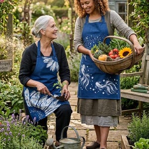 Handmade Indigo Batik Cotton Apron | Sunflower and Koi Swimming Designs | Natural Dye Utility Apron for Cooking, Pottery, Craft, Gardening