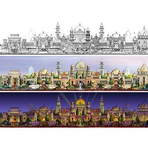 May include: A horizontal triptych illustration of a grand palace complex. The top panel is a black and white line drawing, the middle panel shows the palace in daylight with warm tones, and the bottom panel depicts the palace illuminated at night.