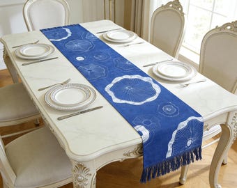 Camino de mesa batik pintado a mano, estampado de loto shibori de algodón, decoración Japandi, mantelería azul y blanca, centro de mesa estilo rústico #BH22B