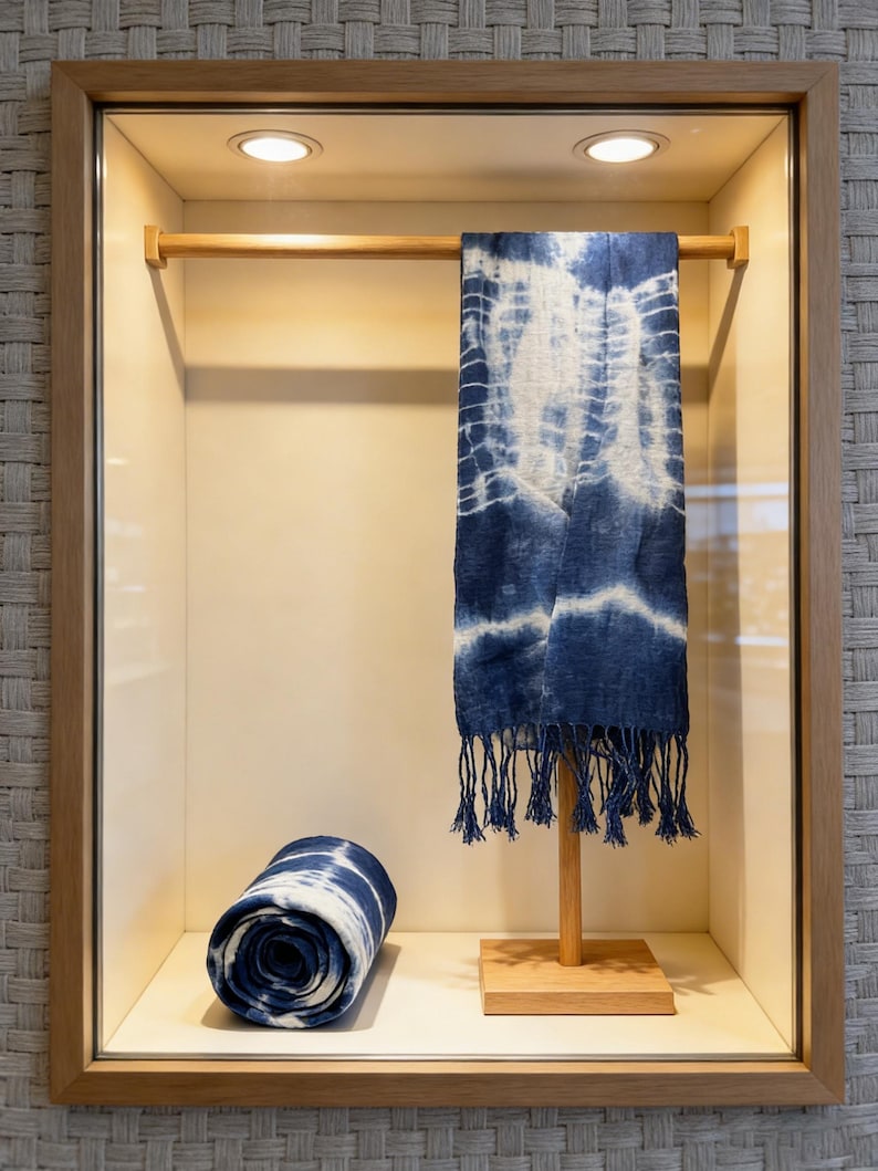 May include: A blue and white tie-dye scarf with fringe edges hangs on a wooden display stand, while a matching rolled-up scarf sits on the base. The fabric features a distinct indigo-colored pattern with white organic shapes and lines.