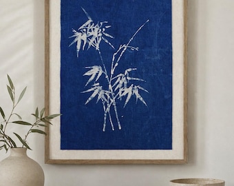 Indigo Batik Wandbehang, Bambus Anhänger, Schreibtisch Ornament, Textil Wandbehang, Blau Weiss, Baumwolle Tapisserie Boho #BW17D
