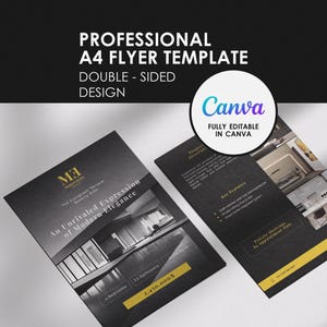 May include: Two black and gold A4 flyer templates with the text "PROFESSIONAL A4 FLYER TEMPLATE DOUBLE - SIDED DESIGN". The flyers feature images of a modern home and the Canva logo.