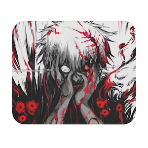 May include: A mousepad with an anime-style illustration in black, white, and red. The image shows a distressed figure with white hair, red streaks resembling blood, and a terrified expression. The background is dark with red details.