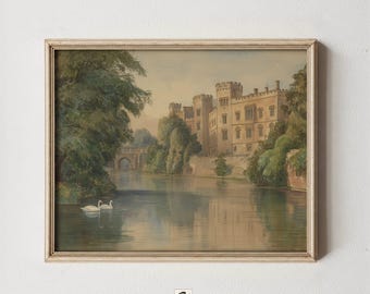 Vintage English Castle Watercolor Print, Lake & Swans Wall Art, Antique British Landscape (Digital Download)