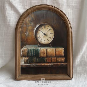 Dark Academia Clock Wall Art, Vintage Books Print, Moody Library Decor (Digital Download)