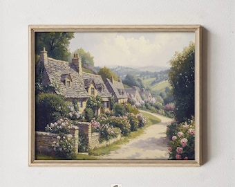 English Cottage Print, Cotswolds Village Wall Art, Moody Roses (Digital Download)
