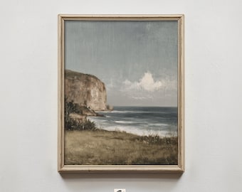 Vintage Coastal Cliff Print, Neutral Seascape Wall Art, Ocean Landscape Painting (Digital Download)