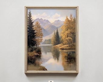 Serene Mountain Lake Print, Fall Mountain Landscape Wall Art, Rustic Cabin Decor (Digital Download)