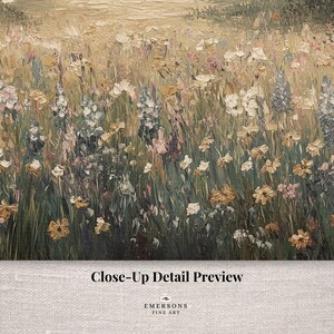 May include: A detailed oil painting showing a field of wildflowers in various colours. The image includes yellow, white, pink, and green hues. The text "Close-Up Detail Preview" and "EMERSONS FINE ART" are visible.